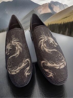 Section X Men’s 9.5 Fire Breathing Dragon Black Studded Flame Loafers Slip-On